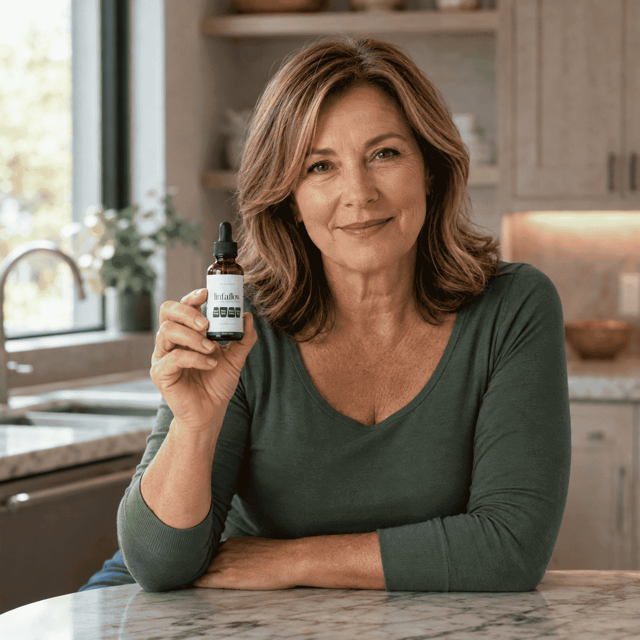Woman holding Linfaflow dropper bottle in a kitchen