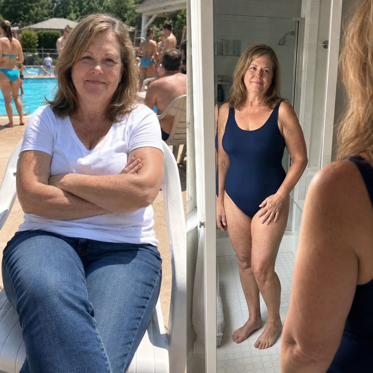 Margaret before and after wearing a swimsuit