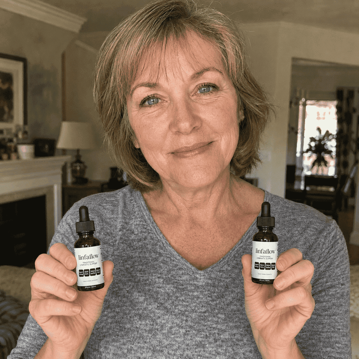 Diane holding two Linfaflow bottles