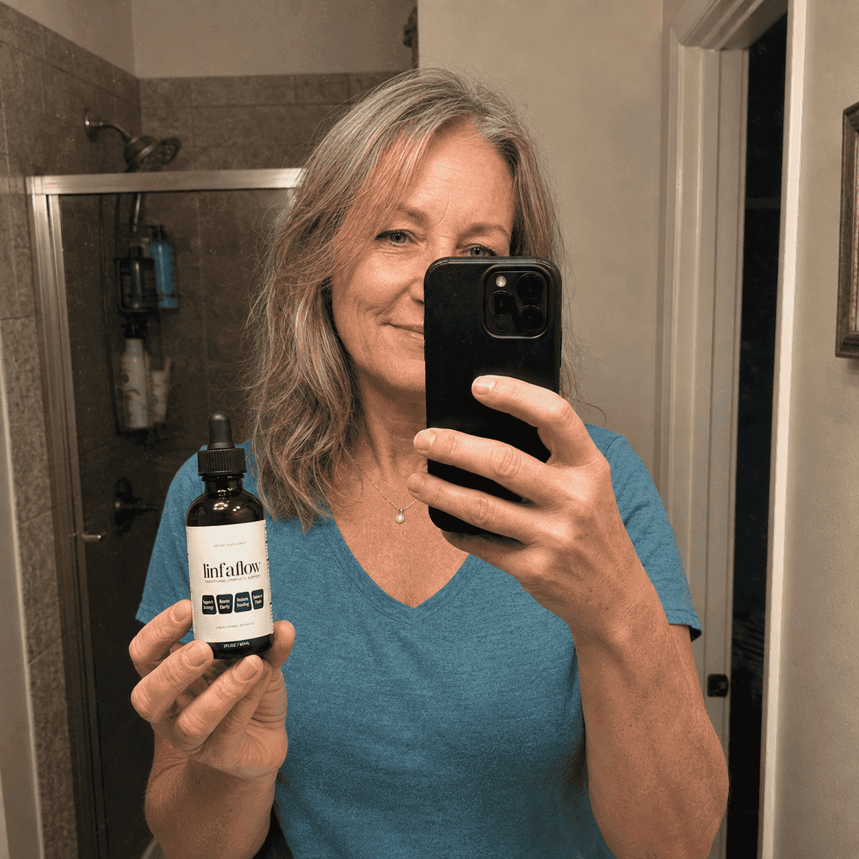 Patricia taking a mirror selfie with Linfaflow