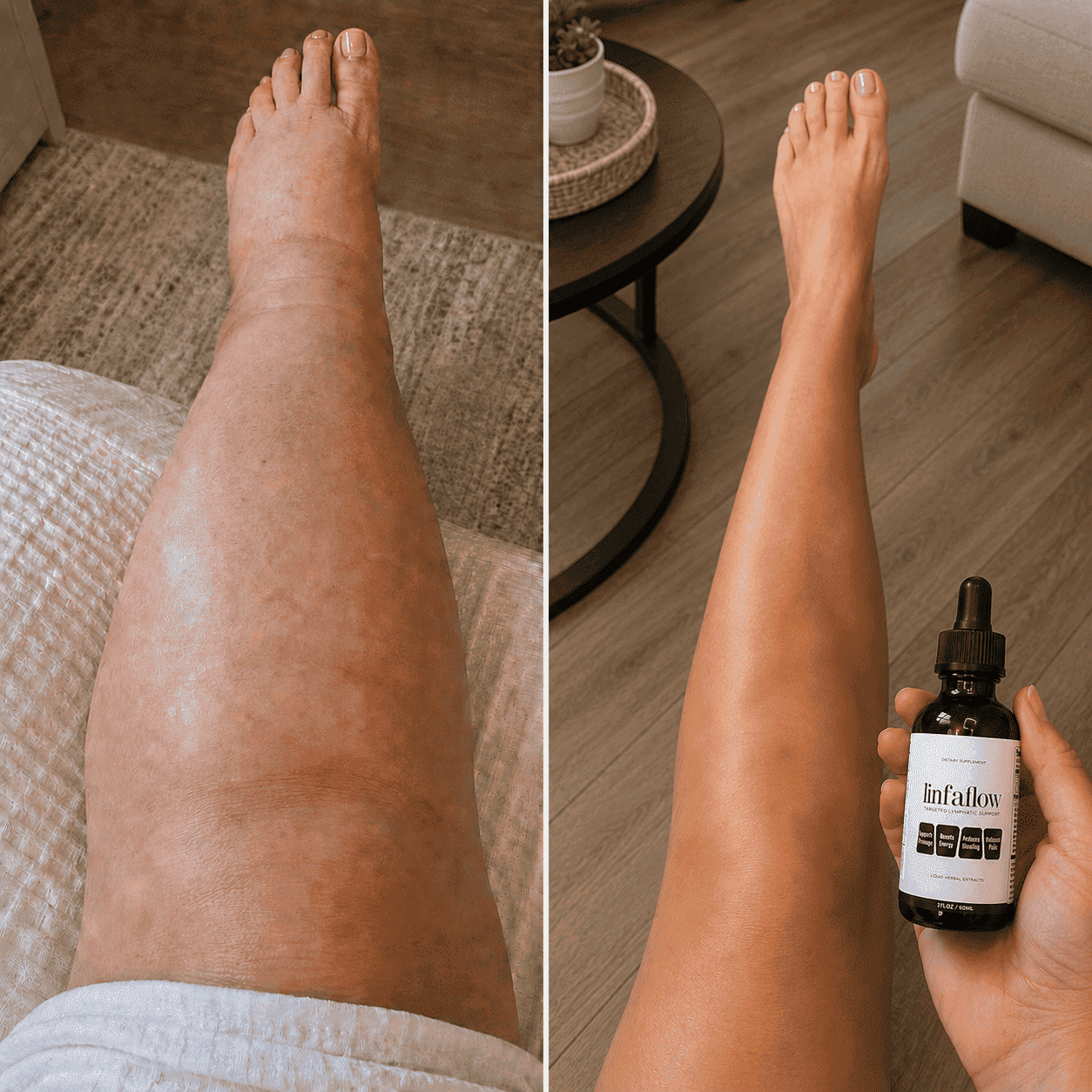 Before and after leg swelling comparison with Linfaflow