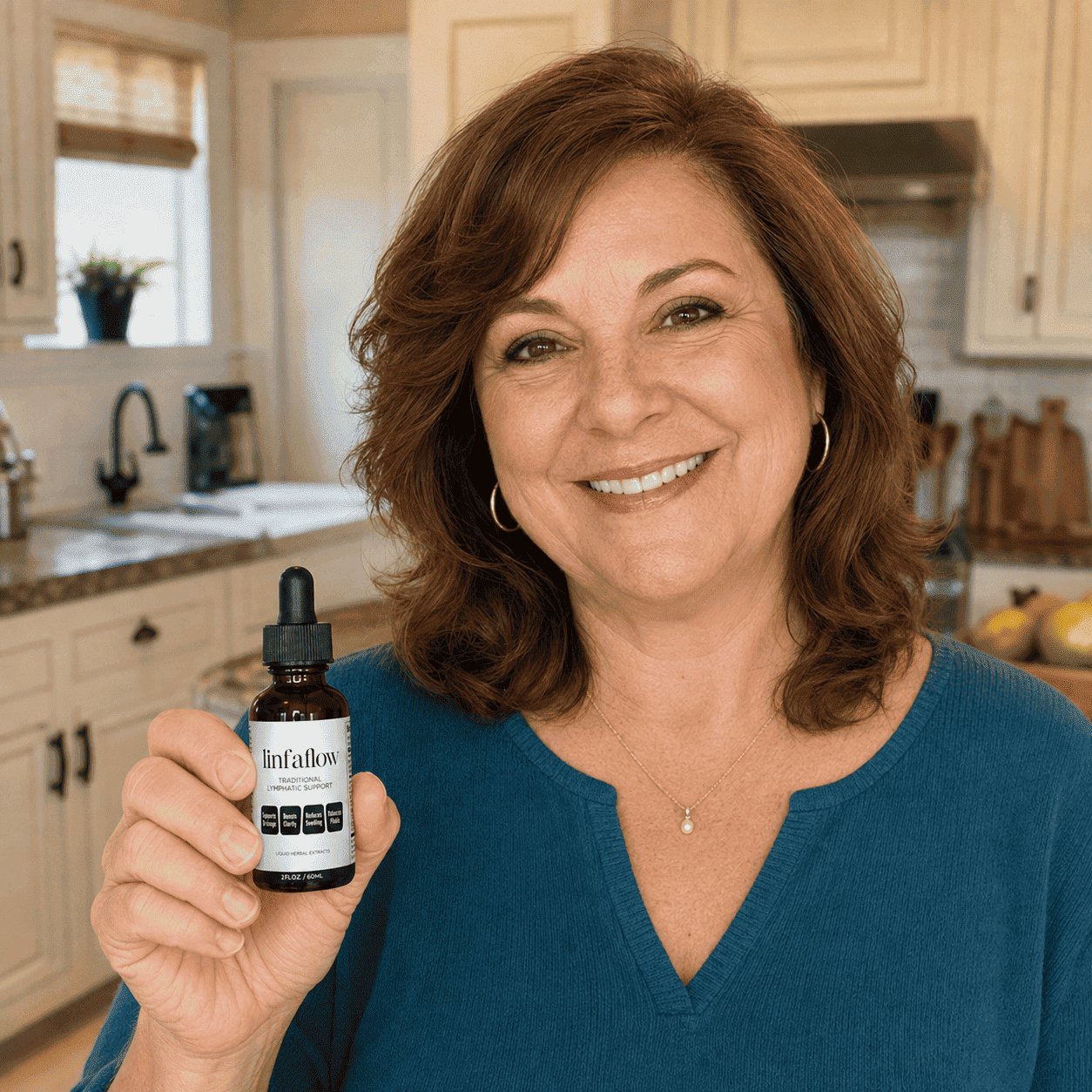 Karen holding Linfaflow in a kitchen